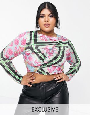 In The Style Plus x Liberty exclusive ruched long sleeve crop top - part of a set In The Style Plus