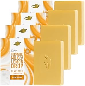 Dove Plant Milk Cleansing Bar Soap Turmeric Milk & Lemon Drop Glow Booster 4 Count for Moisturized Skin Gentle Cleanser, No Sulfate Cleansers or Parabens, 98% Biodegradable Formula 5 oz Dove