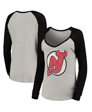 Женская футболка New Jersey Devils MVP с длинными рукавами и v-образным вырезом в меланжевом цвете с регланами Original Retro Brand