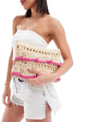 South Beach crochet ruffle clutch bag in hot pink and natural  SOUTH BEACH