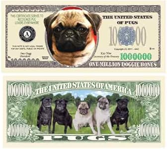 American Art Classics Pack of 5 - Pug Dog Million Dollar Bill - Best Gift for Lovers of Pugs American Art Classics