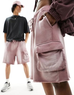 ASOS DESIGN unisex oversized cargo shorts with raw hem in washed burgundy ASOS DESIGN