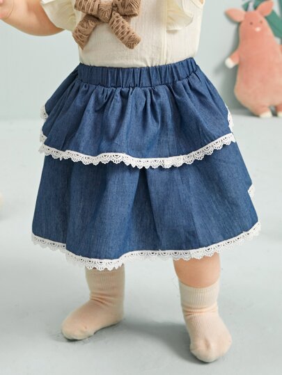 для детей Джинсовая юбка с кружевной отделкой многослойный SHEIN