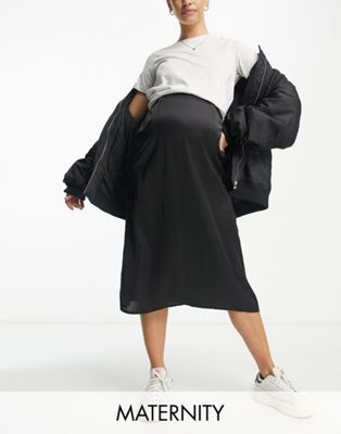 Mamalicious Maternity satin midi skirt in black Mama.licious