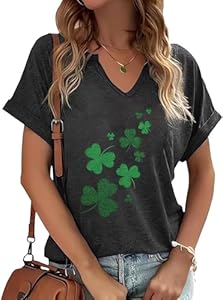 St Patricks Day V Neck Shirts for Women Lucky Irish Shamrock Clover Graphic Shirt Casual Short Sleeve T Shirt Tops PUCKOLITY