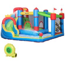 Outsunny 5 in 1 Kids Inflatable Bounce Castle Theme Jumping Castle Includes Slide Trampoline Pool Water Gun Climbing Wall with Carry Bag Repair Patches Outsunny