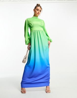 Сине-зеленое платье макси с объемными рукавами и оборками London Flounce London