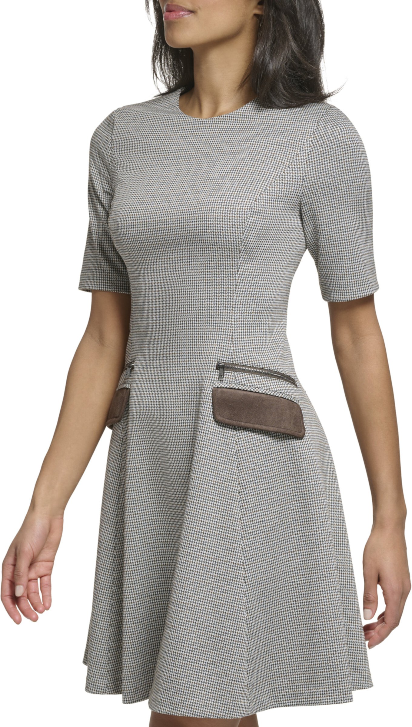 Женское платье A-Line в клетку с короткими рукавами и карманами из искусственной замши DKNY DKNY