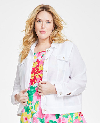 Plus Size Linen Fringe-Trim Button-Up Jacket, Created for Macy's Charter Club
