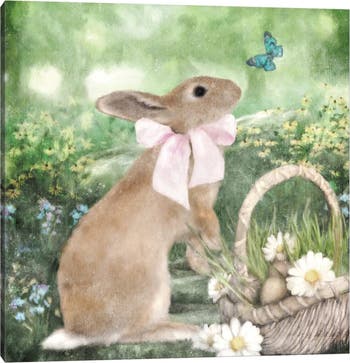 Весенний кролик и корзина. Картины на холсте, Катрина Джонс, 18 x 18 дюймов. ICanvas