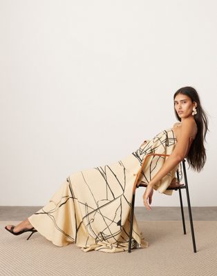 ASOS EDITION strappy square neck maxi dress with dramatic drape detail in mono abstract print ASOS EDITION