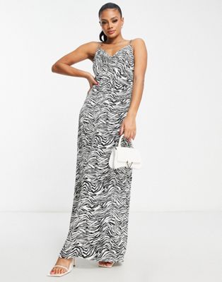 In The Style x Yasmin Devonport exclusive satin cowl front maxi dress in zebra print In The Style