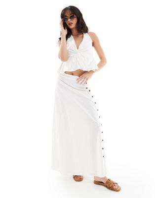 SNDYS linen look button detail thigh slit maxi skirt in white - part of a set SNDYS