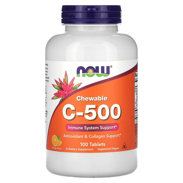 Жевательные таблетки C-500, апельсин, 100 таблеток NOW Foods