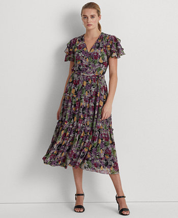 Женское платье из жатого жоржета с цветочным принтом и поясом Ralph Lauren