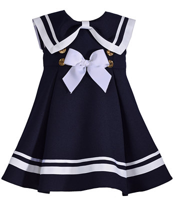 Baby Girls Solid Pleated Trapeze Dress with Ribbon Trimmed Bow Shaped Sailor Collar Bonnie Baby
