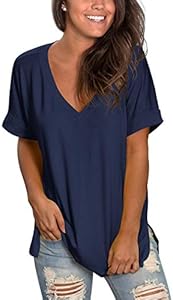 SAMPEEL Women's V Neck T Shirts Casual Rolled Short Sleeve Side Split Summer Tops Loose Fit Sampeel