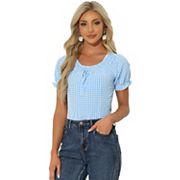 Gingham Plaid Blouse For Woman's Peasant Round Neck Ruffles Puffy Sleeve Top Allegra K