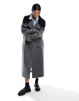 Женское Пальто-полошубок Oversize ASOS DESIGN в Сером Цвете с Контрастным Воротником ASOS DESIGN