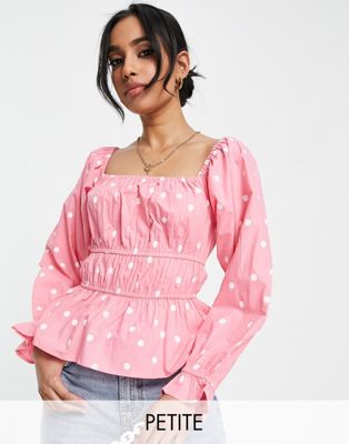 Influence Petite square neck cotton blouse in pink polka dot Influence Petite