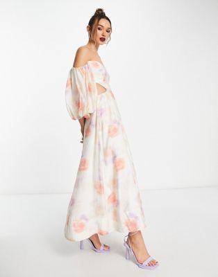 Платье макси с объемными рукавами и вырезами Bardot с живописным цветочным принтом Bardot