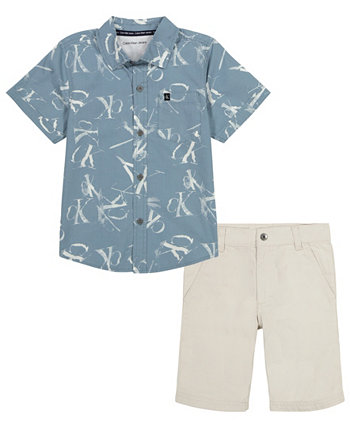 Toddler Boy Plaid Poplin Button-Front Shirt Twill Shorts Set Calvin Klein