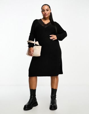 Черное вязаное платье-свитер миди с v-образным вырезом и кружевной отделкой Vila Curve Vila