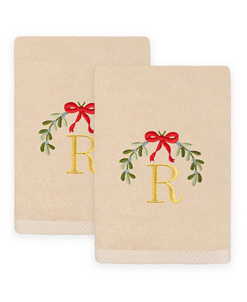 Christmas Mistletoe Monogram Beige Embroidered Luxury Turkish Cotton Hand Towels, 2 Piece Set Linum Home