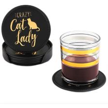 Crazy Cat Lady Leather Coasters Set with Holder (Black, 4 In, 6 Pack) Juvale
