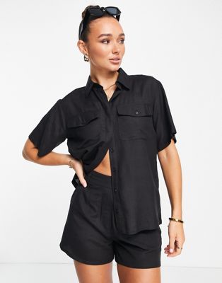 Черная рубашка в льняном стиле Extro & Vert - часть комплекта Extro & Vert