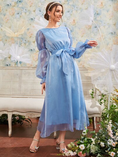 SHEIN Платье с поясом с жемчугом прозрачный с рукавами-фонариками SHEIN