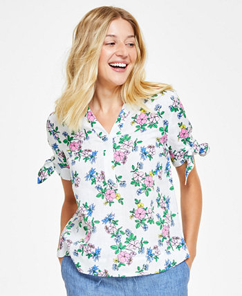 Petite Floral Tie-Cuff Linen Top, Created for Macy's Charter Club