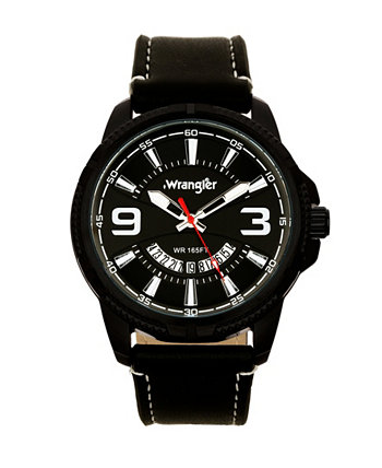 Мужские часы, черный рифленый корпус 48 мм с черным зональным циферблатом, внешняя зона фрезерована белыми индексными маркерами, внешнее кольцо имеет белый цвет, аналоговые часы с красной секундной стрелкой и полумесяцем Wrangler
