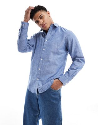 Selected Homme long sleeve linen mix shirt in blue Selected