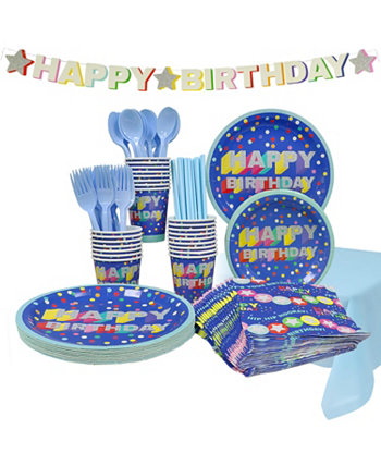 Одноразовый набор для вечеринки по случаю дня рождения, на 24 персоны, с большими и маленькими бумажными тарелками, бумажными стаканчиками, соломинками, салфетками, пластиковой посудой, скатертью и баннером. Puleo
