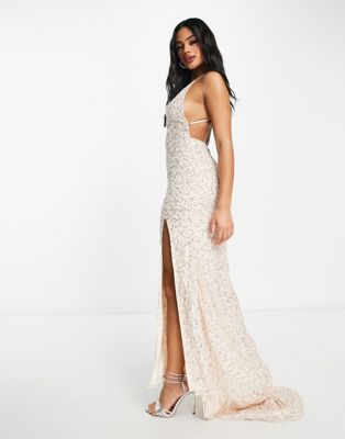 Lace & Beads Exclusive embellished thigh slit maxi dress in light gold LACE & BEADS