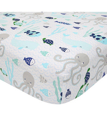 Oceania 100% Cotton Blue/Gray/White Whale with Octopus and Fish Nautical Ocean Theme Fitted Crib Sheet Lambs & Ivy