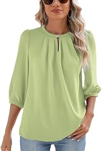 Rapbin Keyhole V Neck Puff 3/4 Length Sleeve Womens Tops Dressy Casual Chiffon Work Blouses Pleated T-Shirts Loose Fit S-XXL Rapbin