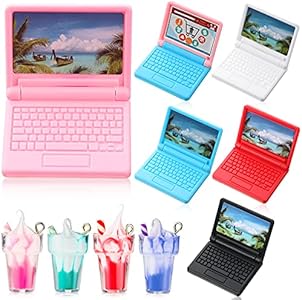 6 Pieces 1:12 Dollhouse Mini Laptop and 4 Pieces Mini Bottle Ice Cream Simulation Notebook Lovely Folding Laptop Model for DIY Dolls House Furniture Accessories (Pink, Red, Purple, Green) Sumind