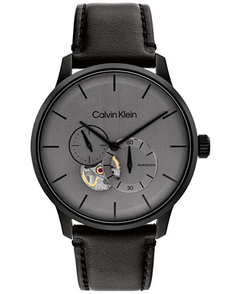 Мужские автоматические часы Timeless с черным кожаным ремешком 42 мм Calvin Klein