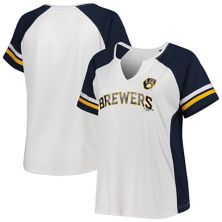 Women's White/Navy Milwaukee Brewers Plus Size Notch Neck T-Shirt Profile