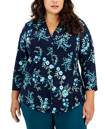 Plus Size Floral-Print V-Neck 3/4-Sleeve Top, Created for Macy's J&M Collection