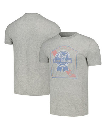 Мужская серо-хизеровая рваная футболка Pabst с синей лентой в винтажном стиле с эффектом выцветания American Needle