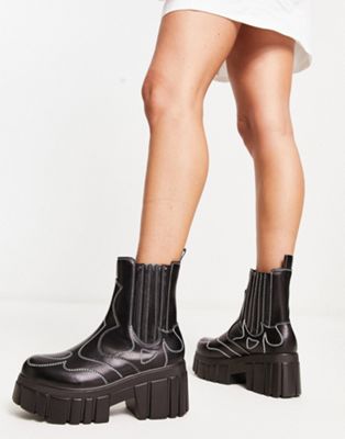 Koi Footwear chunky contrast stitch heeled boots in black Koi Footwear