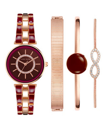 Женский браслет из сплава цвета розового золота с бордовой эмалью и кристаллами Модные часы 34 мм, набор из 4 предметов Anne Klein