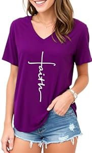 Women Cross Faith T Shirts for Women V-Neck Graphic Tees Letter Printed T-Shirt Christian Tee Shirt Mom"s care