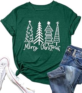 Christmas Tree Shirt for Women Merry Christmas Printed T-Shirts Short Sleeve Holiday Tee Xmas Gift Tops PECHAR