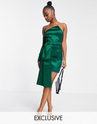 Collective the Label exclusive one shoulder bow mini dress in emerald green Collective The Label