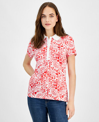 Women's Floral-Print Short-Sleeve Polo Top Tommy Hilfiger