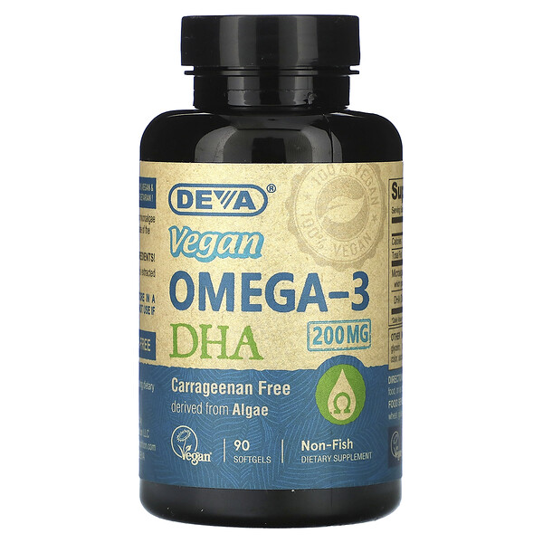 Веганский Омега-3 DHA, 200 мг, 90 мягких капсул - Deva Deva
